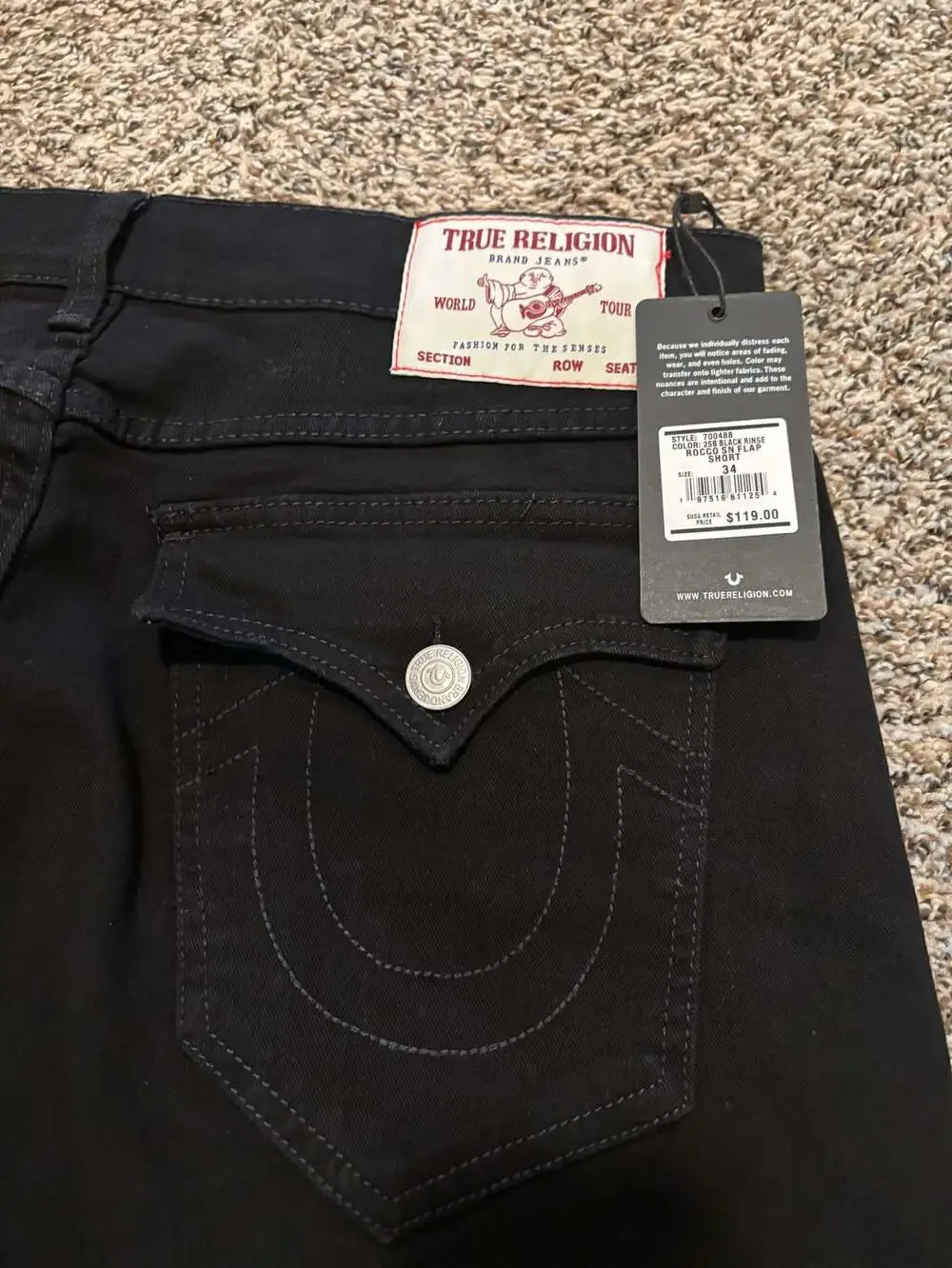 True Religion Rocco Denim Shorts Black Rinse Size 34 NWT